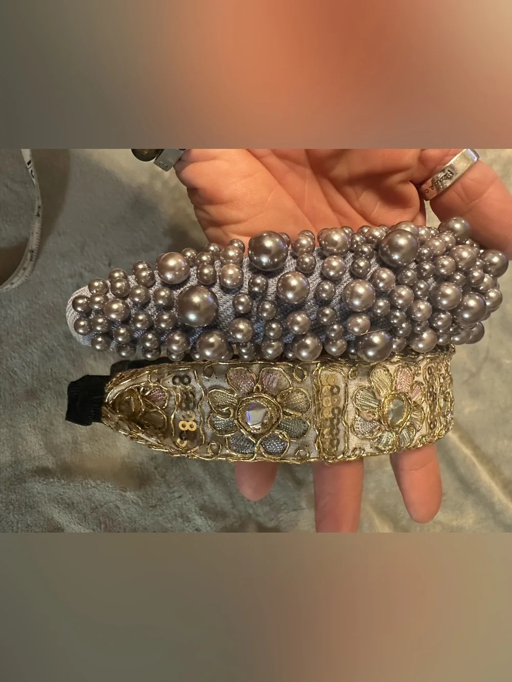 Statement Headband Bundle Grey Pearl Cluster + Gold Embroidered AB Boho Set Of 2